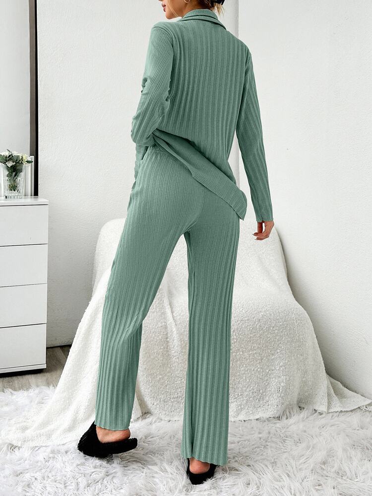 SHEIN Cottnline Petite Women 2 Pcs Cotton Ribknit Mint Contrast Color Button Front Long Sleeve Long Pants Pajama Set - Mint Green - View 2