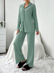 SHEIN طقم بيجاما نسائي صغير الحجم قطعتين من القطن المحبوك المضلع بلون نعناعي مع تباين ألوان وأزرار أمامية وأكمام طويلة وبنطال طويل - أخضر نعناع - مشاهدة 4