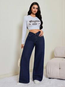 SHEIN Tall 女款摺腰寬腿寬鬆休閒牛仔褲 教師穿搭 秋冬 Y2K 基本款 萬聖節慶典 校園 高個子 刷毛 毛絨 - 藍色 - 查看 3