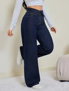 SHEIN Tall 女款摺腰寬腿寬鬆休閒牛仔褲 教師穿搭 秋冬 Y2K 基本款 萬聖節慶典 校園 高個子 刷毛 毛絨 - 藍色 - 查看 4