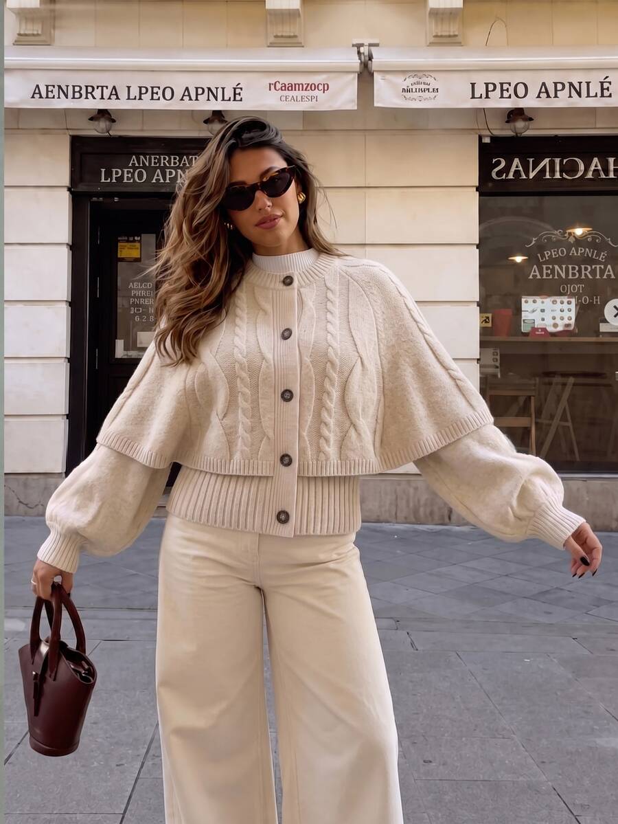 valorelle valorelle Fashion Solid Color Textured Knit 2 In 1 Women's Cardigan Sweater - Khaki - View 1