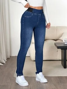 SHEIN PETITE 女款高腰休閒百搭日常穿著牛仔褲秋季服飾 - 藍色 - 查看 6