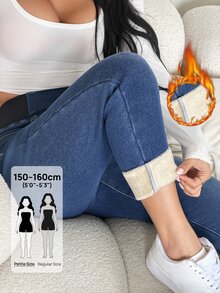 SHEIN PETITE 女款高腰休閒百搭日常穿著牛仔褲秋季服飾 - 藍色 - 查看 1