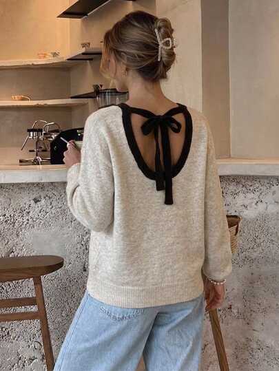 Serisse Pull à manches longues pour femmes avec design de découpe au dos et bloc de couleurs
