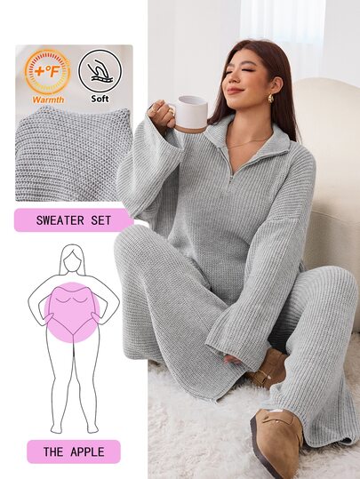 Solflare Plus Size Women's Zipper Half-Placket Long Sleeve Sweater And Comfortable Pants Set Formal Home Wear Lounge Grey Autumn Baggy Casual Lounge