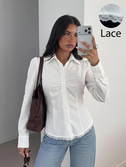 Siren Gaze White V-Neck Blouse For Women, Autumn Cinched Waist Pure Desire Style Top, Solid Color Pleated Button Long Sleeve Shirt, White Collar Blouse, Women's White Shirt