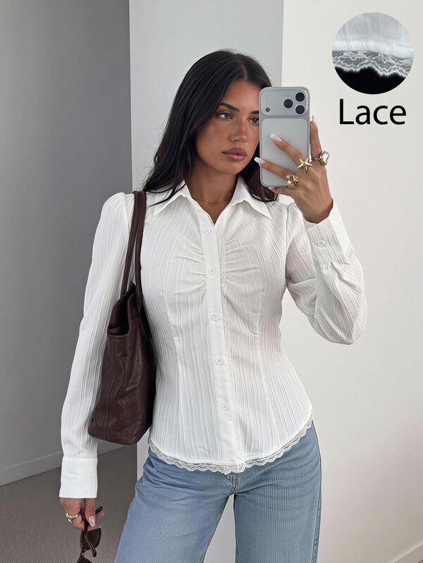 Siren Gaze White V-Neck Blouse For Women, Autumn Cinched Waist Pure Desire Style Top, Solid Color Pleated Button Long Sleeve Shirt, White Collar Blouse, Women's White Shirt