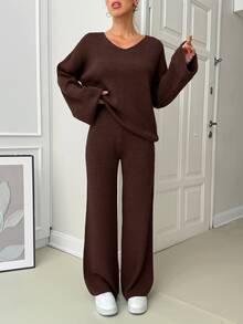 SHEIN طقم كنزة وبنطلون للنساء بياقة على شكل حرف V وأكمام واسعة مزينة بتفاصيل - بني - مشاهدة 5