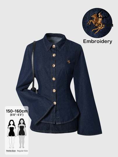 SHEIN PETITE Camisa de mezclilla casual de manga larga con bordado de caballero y abotonadura sencilla para mujer