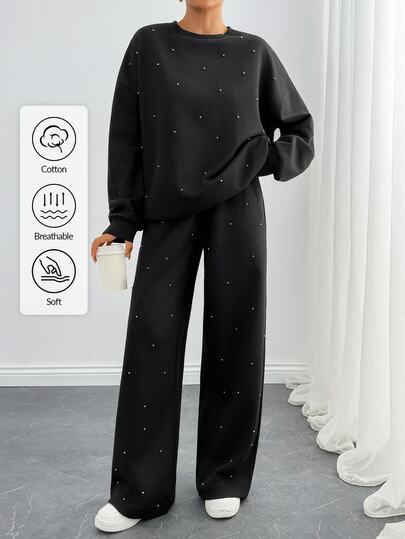 SHEIN طقم ملابس منزلية نسائي من قطعتين مزين باللؤلؤ – سويت شيرت مقاس كبير وبنطال واسع الساق، بدلة رياضية مريحة، طقم جوجر كاجوال مع جيوب جانبية، ملابس منزلية ناعمة ومريحة