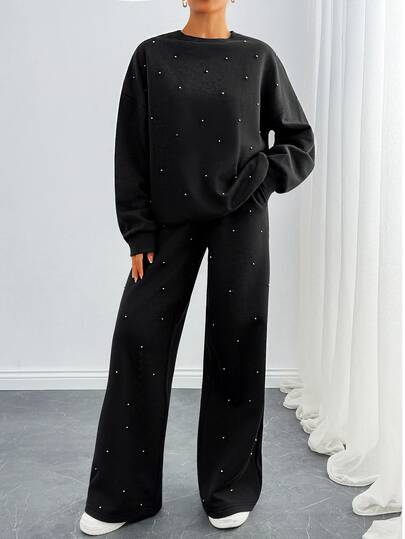 SHEIN Cottnline طقم ملابس منزلية نسائي من قطعتين مزين باللؤلؤ، سويت شيرت وبنطلون واسع الساق، مقاس كبير، بدلة رياضية كاجوال أنيقة باللون الأسود للخروج والعطلات الشتوية