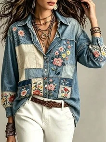 Selamara Women's Floral Embroidered Pattern Single-Breasted Casual Daily Wear Blouse - Multicolor - View 3