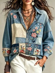 Selamara Women's Floral Embroidered Pattern Single-Breasted Casual Daily Wear Blouse - Multicolor - View 4