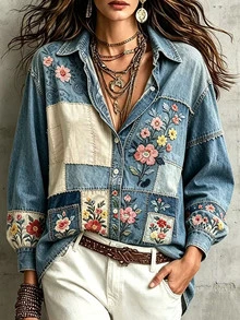 Selamara Women's Floral Embroidered Pattern Single-Breasted Casual Daily Wear Blouse - Multicolor - View 1