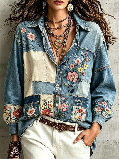 Selamara Women's Floral Embroidered Pattern Single-Breasted Casual Daily Wear Blouse