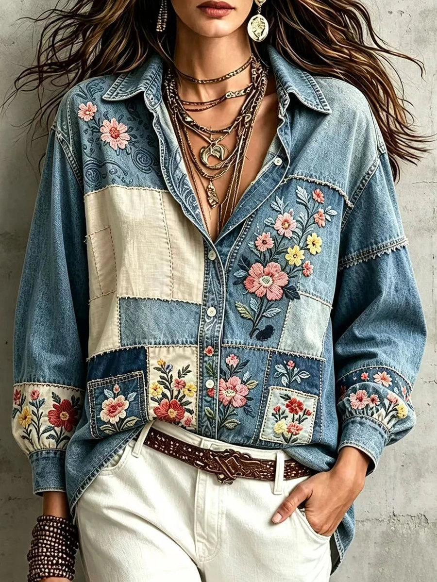 Selamara Women's Floral Embroidered Pattern Single-Breasted Casual Daily Wear Blouse - Multicolor - View 1