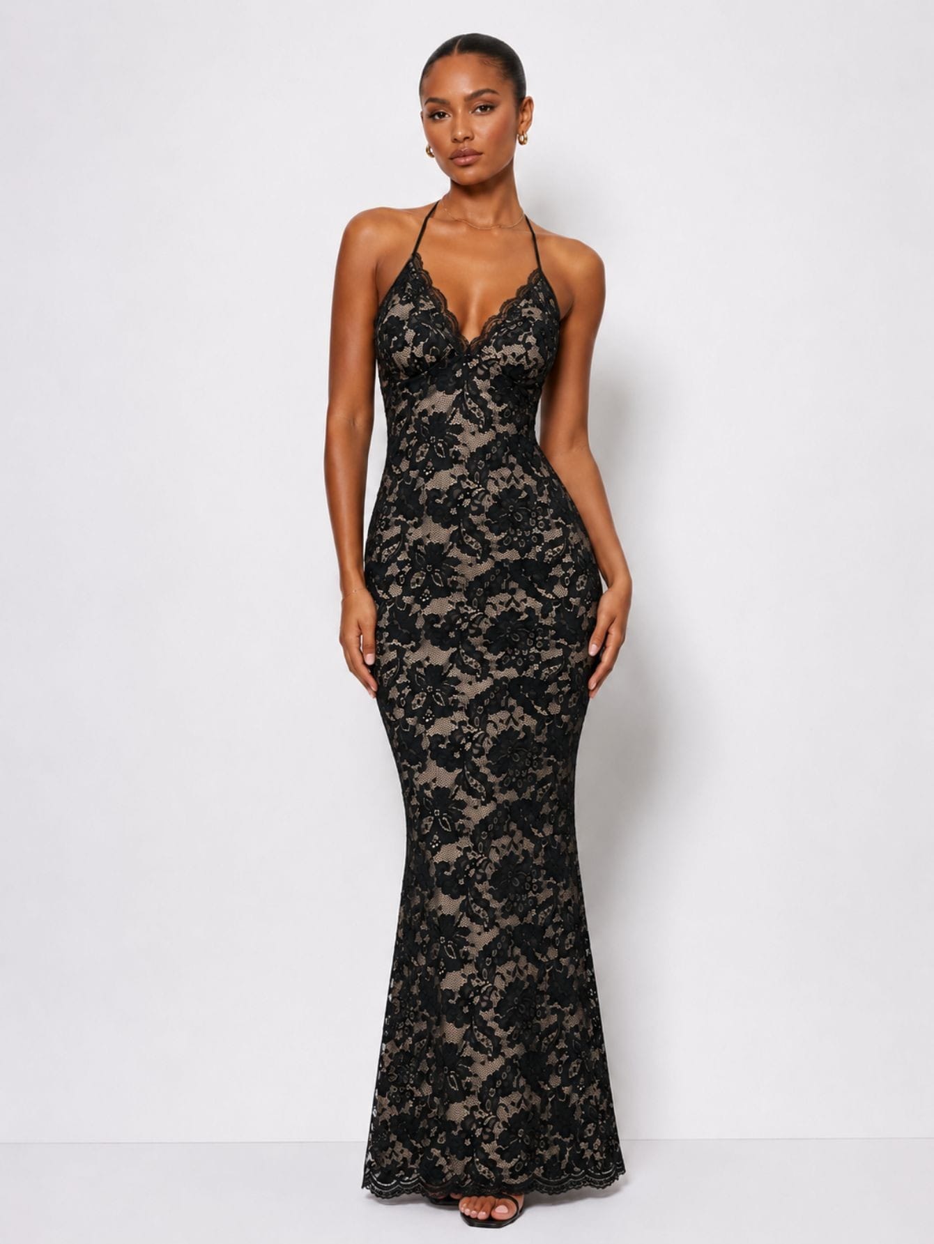 Black Lace Bodycon Halter Neck Sleeveless Maxi Dress
