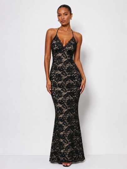 Zerodot Women Black Lace Bodycon Halter Neck Sleeveless Maxi Elegant Dress Party Going Out Fall Pre Fall