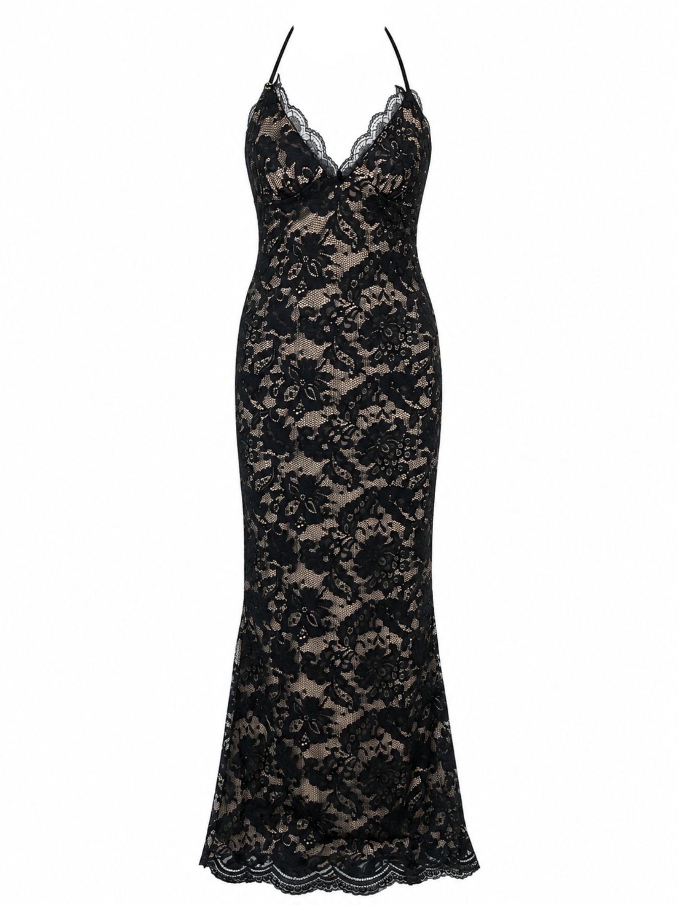 Black Lace Bodycon Halter Neck Sleeveless Maxi Dress, view 5