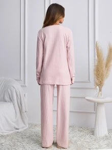 SHEIN Women's 2 Pcs Plush Center Ribbed Pajama Set With Cute Sleeping Puppy Embroidery Homewear - Pink - View 2