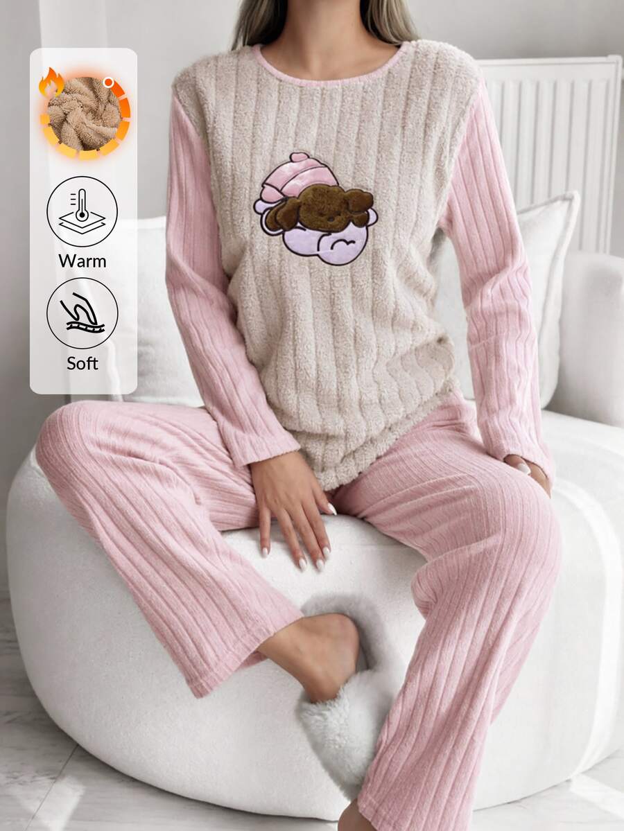 SHEIN Women's 2 Pcs Plush Center Ribbed Pajama Set With Cute Sleeping Puppy Embroidery Homewear - Pink - View 1