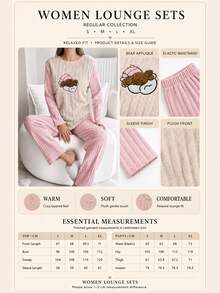 SHEIN Women's 2 Pcs Plush Center Ribbed Pajama Set With Cute Sleeping Puppy Embroidery Homewear - Pink - View 4