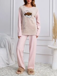 SHEIN Women's 2 Pcs Plush Center Ribbed Pajama Set With Cute Sleeping Puppy Embroidery Homewear - Pink - View 8
