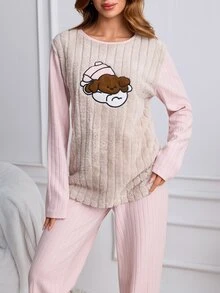 SHEIN Women's 2 Pcs Plush Center Ribbed Pajama Set With Cute Sleeping Puppy Embroidery Homewear - Pink - View 6