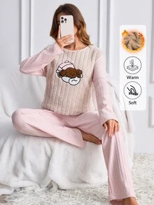 SHEIN Women's 2 Pcs Plush Center Ribbed Pajama Set With Cute Sleeping Puppy Embroidery Homewear - Pink - View 3