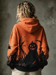 EMERY ROSE Halloween Print Pattern Sweatshirt, Plus Size Women's Casual Long Sleeve Pocket Sweatshirt For Autumn/Winter Daily Wear Fall - Multicolor - View 2