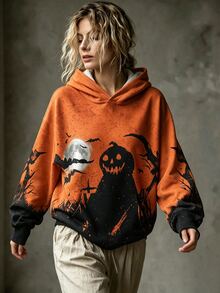 EMERY ROSE Halloween Print Pattern Sweatshirt, Plus Size Women's Casual Long Sleeve Pocket Sweatshirt For Autumn/Winter Daily Wear Fall - Multicolor - View 3