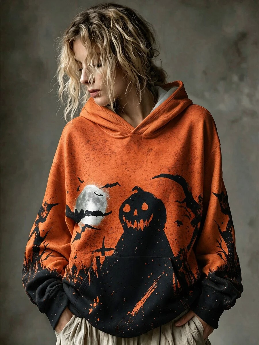 EMERY ROSE Halloween Print Pattern Sweatshirt, Plus Size Women's Casual Long Sleeve Pocket Sweatshirt For Autumn/Winter Daily Wear Fall - Multicolor - View 1
