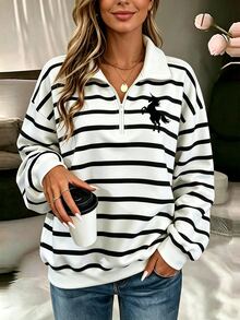 GlowEve CURVE Plus Size Women's Casual Fashion Striped Print Basic Zip-Up Sweatshirt, Casual Striped Unicorn Pattern Zip-Up Sweatshirt, Autumn/Winter - Multicolor - View 3