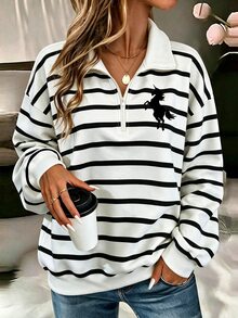 GlowEve CURVE Plus Size Women's Casual Fashion Striped Print Basic Zip-Up Sweatshirt, Casual Striped Unicorn Pattern Zip-Up Sweatshirt, Autumn/Winter - Multicolor - View 1