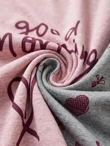 SHEIN مقاس كبير 100% قطن نسائي قطعتان وردي فاتح مع طباعة قلب بألوان متباينة وياقة دائرية وأكمام طويلة - وردي فاتح - مشاهدة 8