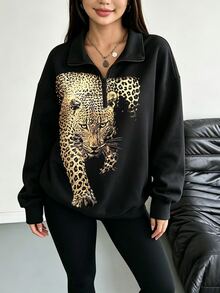 GlowEve CURVE Plus Size Women's Autumn/Winter Fashion Realistic Leopard And Leopard Print Basic Zip-Up Sweatshirt, Fashion Pattern Zip-Up Sweatshirt, Suitable For Women's Daily Wear - Multicolor - View 1