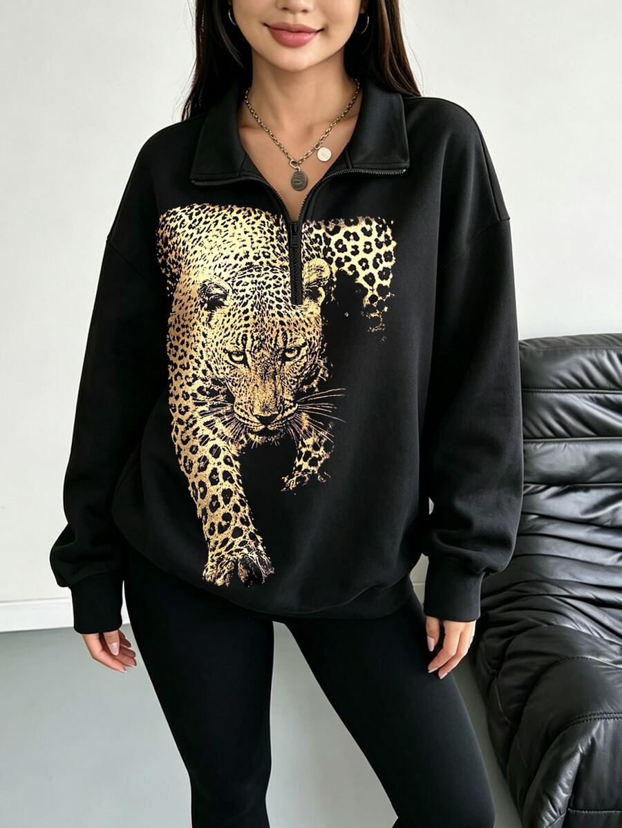 GlowEve CURVE Plus Size Women's Autumn/Winter Fashion Realistic Leopard And Leopard Print Basic Zip-Up Sweatshirt, Fashion Pattern Zip-Up Sweatshirt, Suitable For Women's Daily Wear - Multicolor - View 1
