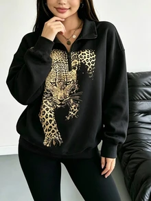 GlowEve CURVE Plus Size Women's Autumn/Winter Fashion Realistic Leopard And Leopard Print Basic Zip-Up Sweatshirt, Fashion Pattern Zip-Up Sweatshirt, Suitable For Women's Daily Wear - Multicolor - View 3