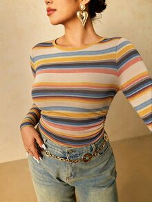 Travachic Plus Size Women's Striped Print T-Shirt, Suitable For Autumn/Winter - Multicolor - View 6