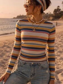 Travachic Plus Size Women's Striped Print T-Shirt, Suitable For Autumn/Winter - Multicolor - View 2