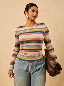 Travachic Plus Size Women's Striped Print T-Shirt, Suitable For Autumn/Winter - Multicolor - View 4