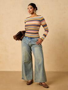 Travachic Plus Size Women's Striped Print T-Shirt, Suitable For Autumn/Winter - Multicolor - View 7