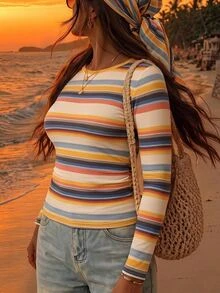 Travachic Plus Size Women's Striped Print T-Shirt, Suitable For Autumn/Winter - Multicolor - View 3