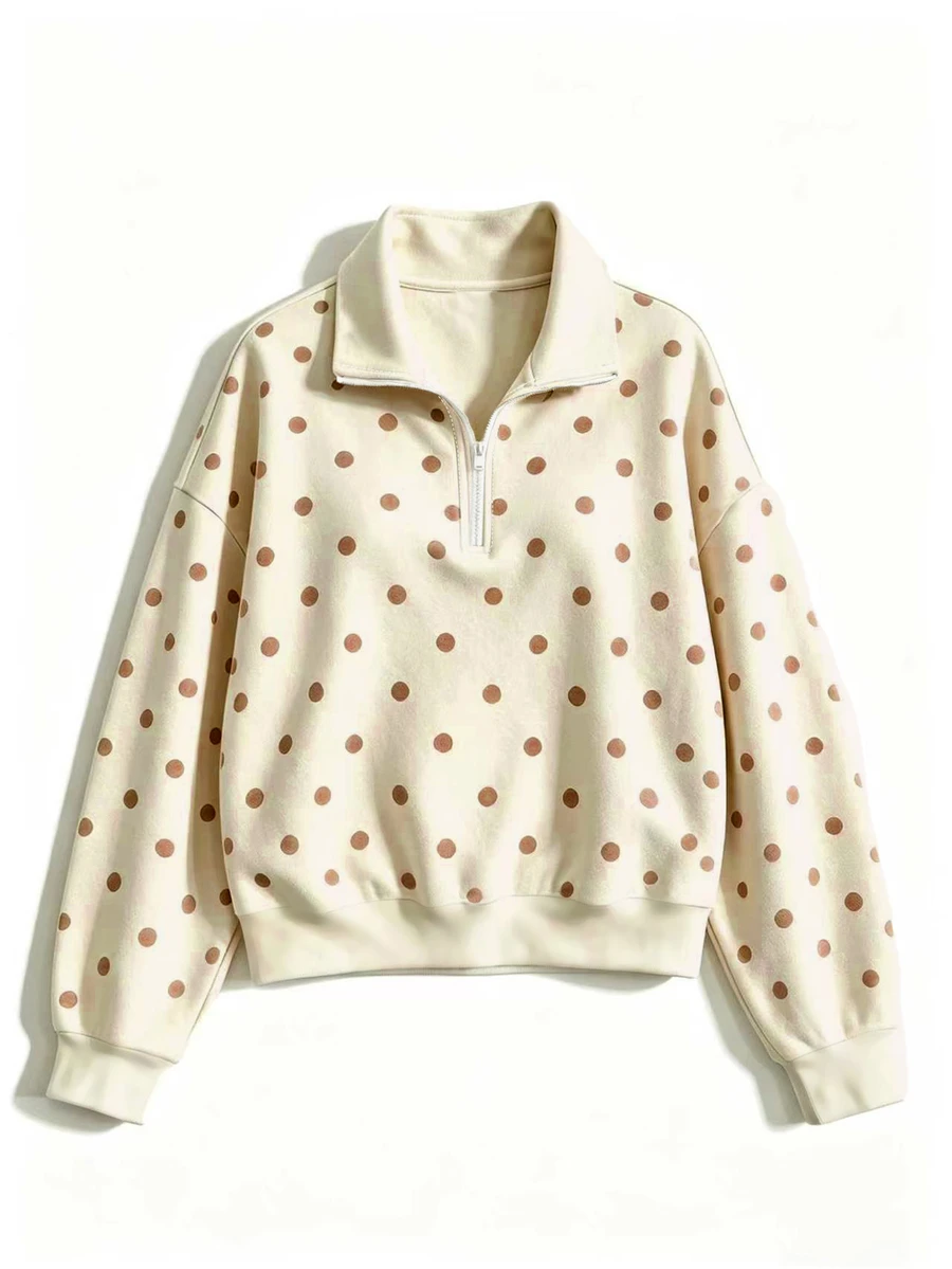 GlowEve CURVE Plus Size Women's Autumn/Winter Fashion Minimalist Polka Dot Print Basic Zip-Up Sweatshirt, Fashion Pattern Zip-Up Sweatshirt, Suitable For Women's Daily Wear - Multicolor - View 1