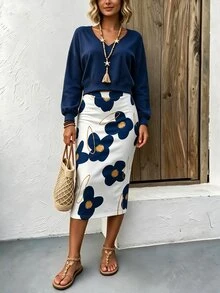 SHEIN LUNE CURVE Plus Size Solid Color Versatile Long Sleeve Sweatshirt And Floral Print Midi Skirt 2-Piece Set - Multicolor - View 1
