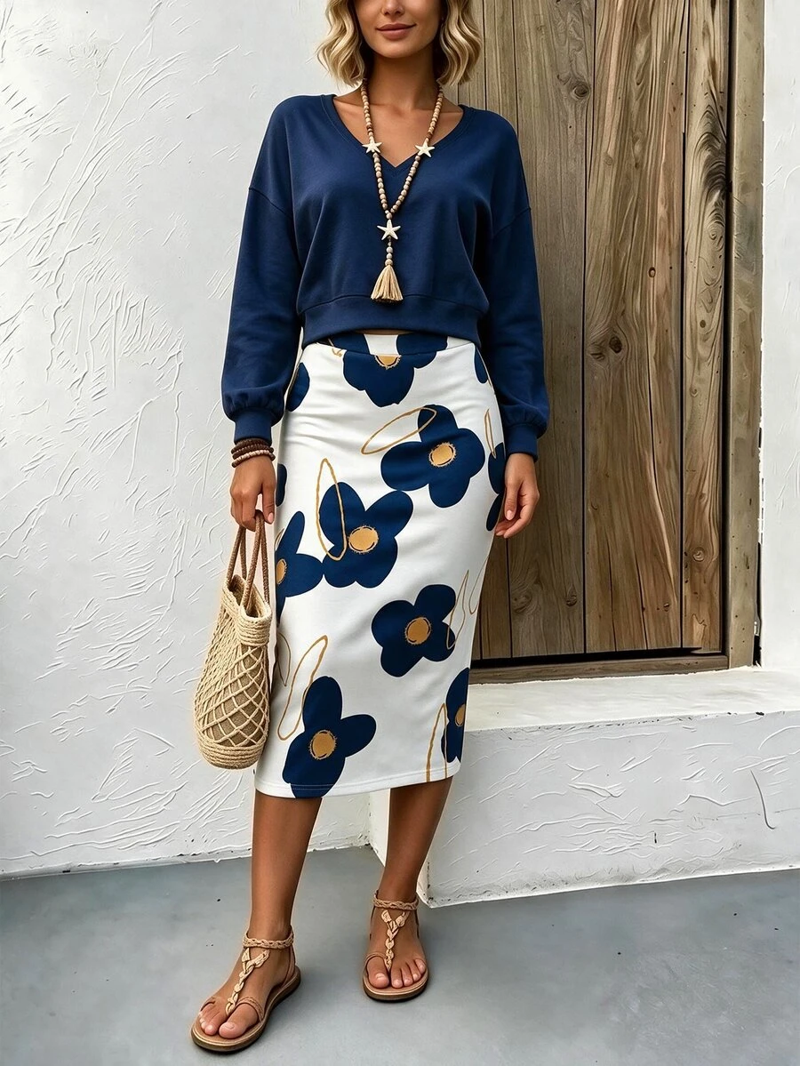 SHEIN LUNE CURVE Plus Size Solid Color Versatile Long Sleeve Sweatshirt And Floral Print Midi Skirt 2-Piece Set - Multicolor - View 1