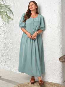 Rosumi 大尺碼女款優雅哥德風灰藍色夏季度假洋裝，飄逸波西米亞長裙，適合下午茶聚會、早午餐、度假、休閒沙灘穿搭，中袖 - 薄荷綠 - 查看 6