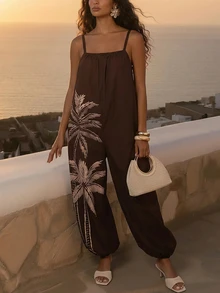 CAJUNI Vacation Casual Coconut Tree Print Spaghetti Strap Jumpsuit - Brown - View 6