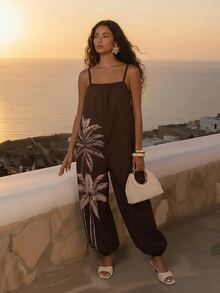 CAJUNI Vacation Casual Coconut Tree Print Spaghetti Strap Jumpsuit - Brown - View 5