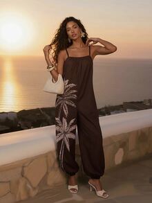 CAJUNI Vacation Casual Coconut Tree Print Spaghetti Strap Jumpsuit - Brown - View 7